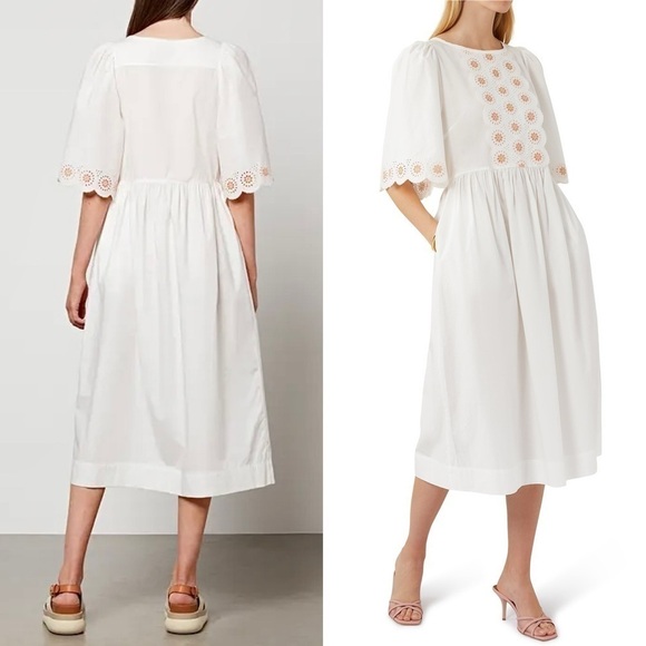 SEE BY CHLOE Floral Eyelet Embroidered Puff Short Sleeve Scalloped Midi Dress 6 - Picture 9 of 16
